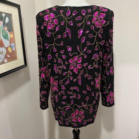 Vintage Sequin Jacket Size Medium Fuchsia Pink Floral Print on Black Silk - Picture 3 of 10